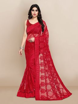 VAIRAGEE - Ethnic Motifs Embroidered Net Saree Red with Unstitched Blouse