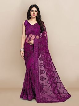 VAIRAGEE - Ethnic Motifs Embroidered Net Saree Purple with Unstitched Blouse