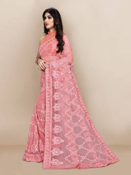 VAIRAGEE - Ethnic Motifs Embroidered Net Saree Peach with Unstitched Blouse