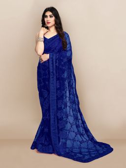 VAIRAGEE - Ethnic Motifs Embroidered Net Saree Blue with Unstitched Blouse