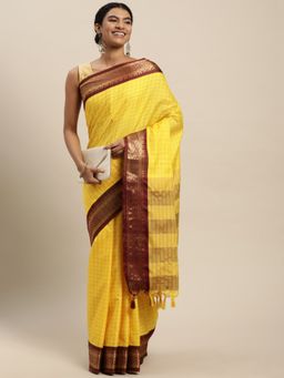 VAIRAGEE - Yellow Self-Checked Kota Saree with Unstitched Blouse