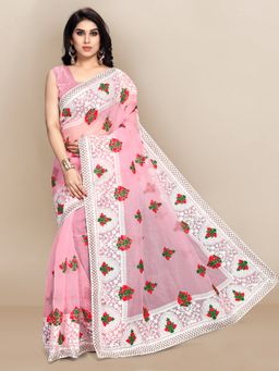 VAIRAGEE - White Floral Embroidered Organza Saree Pink with Unstitched Blouse