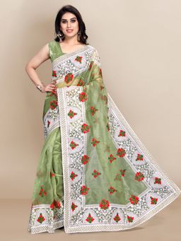 VAIRAGEE - White Floral Embroidered Organza Saree Olive with Unstitched Blouse