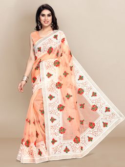 VAIRAGEE - White Floral Embroidered Organza Saree Peach with Unstitched Blouse