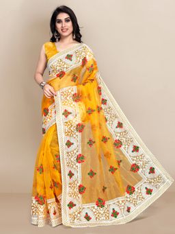 VAIRAGEE - White Floral Embroidered Organza Saree Orange with Unstitched Blouse