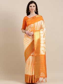 VAIRAGEE - Cream & Orange Linen Blend Shibori Dyed Banarasi Saree with Unstitched Blouse