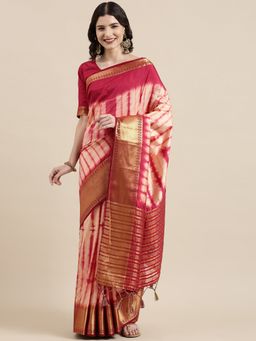 VAIRAGEE - Cream & Maroon Linen Blend Shibori Dyed Banarasi Saree with Unstitched Blouse