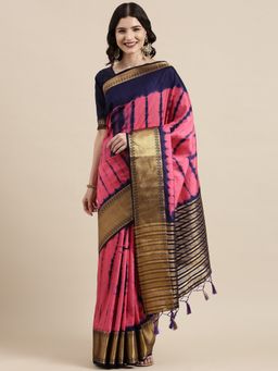 VAIRAGEE - Pink & Navy Blue Linen Blend Shibori Dyed Banarasi Saree with Unstitched Blouse