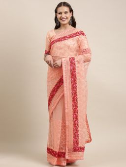 VAIRAGEE - Peach-Colored & Red Ethnic Motifs Embroidered Supernet Saree with Unstitched Blouse