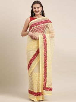 VAIRAGEE - Yellow & Red Ethnic Motifs Embroidered Supernet Saree with Unstitched Blouse