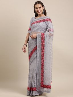 VAIRAGEE - Grey & Red Ethnic Motifs Embroidered Supernet Saree with Unstitched Blouse