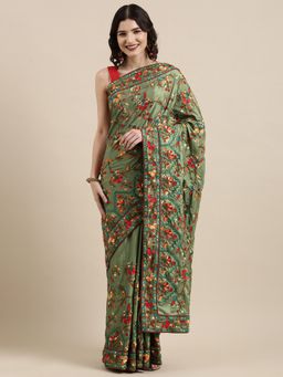 VAIRAGEE - Green & Red Ethnic Motifs Embroidered Silk Blend Saree with Unstitched Blouse