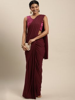 VAIRAGEE - Maroon Self-Striped Voile & Ready To Wear Saree with Stitched Blouse