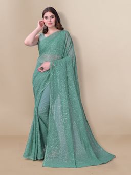 VAIRAGEE - Embellished Sequinned Georgette Saree Turquoise with Unstitched Blouse