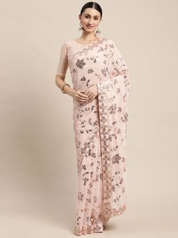 VAIRAGEE - Peach-Colored Floral Sequinned Saree with Unstitched Blouse