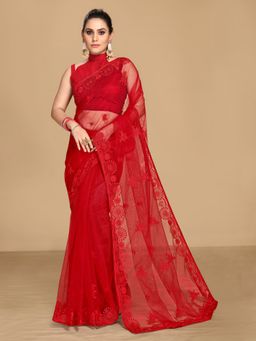 VAIRAGEE - Soft Net Embroidery Banglory Saree Red with Unstitched Blouse