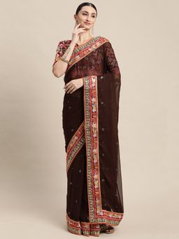 VAIRAGEE - Brown & Maroon Floral Embroidered Saree with Unstitched Blouse