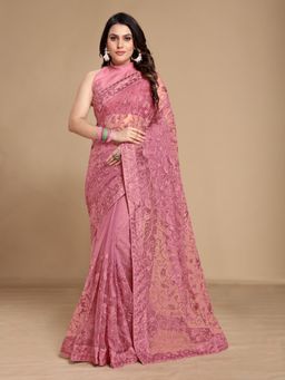 VAIRAGEE - Floral Embroidered Net Saree Mauve with Unstitched Blouse