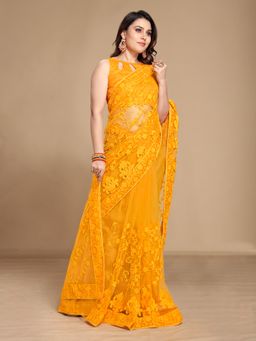 VAIRAGEE - Floral Embroidered Net Saree Yellow with Unstitched Blouse