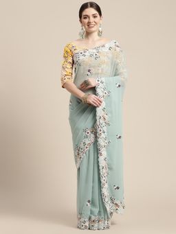 VAIRAGEE - Blue Floral Georgette Embroidered Celebrity Saree with Unstitched Blouse