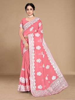 VAIRAGEE - & White Ethnic Motifs Chikankari Saree Peach with Unstitched Blouse