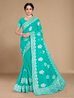 VAIRAGEE - & White Ethnic Motifs Chikankari Saree Blue with Unstitched Blouse