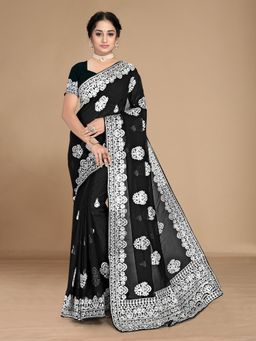 VAIRAGEE - & White Ethnic Motifs Chikankari Saree Black with Unstitched Blouse