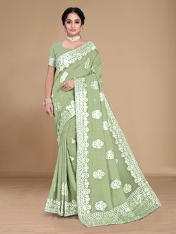 VAIRAGEE - & White Ethnic Motifs Chikankari Saree Olive with Unstitched Blouse