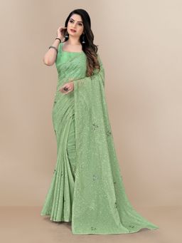 VAIRAGEE - Georgette Soft Satin Saree with All Over Sequins Work Olive with Unstitched Blouse
