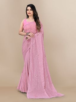 VAIRAGEE - Georgette Soft Satin Saree with All Over Sequins Work Pink with Unstitched Blouse