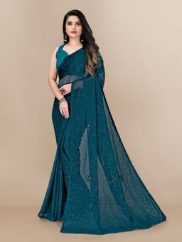 VAIRAGEE - Georgette Soft Satin Saree with All Over Sequins Work Teal with Unstitched Blouse