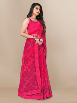 VAIRAGEE - Soft Net Floral Embroidered Saree with Embroidered Border Pink with Unstitched Blouse