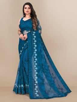 VAIRAGEE - Soft Net Floral Embroidered Saree with Embroidered Border Teal with Unstitched Blouse