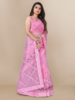 VAIRAGEE - Soft Net Floral Embroidered Saree with Embroidered Border Pink with Unstitched Blouse