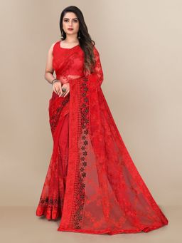 VAIRAGEE - Soft Net Floral Embroidered Saree with Embroidered Border Red with Unstitched Blouse