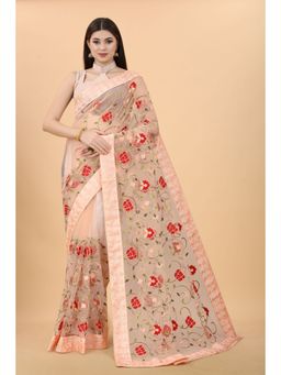 VAIRAGEE - Soft Net Floral Embroidered Saree with Embroidered Border Silk Peach with Unstitched Blouse