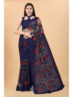 VAIRAGEE - Soft Net Floral Saree with Embroidered Border Navy Blue with Unstitched Blouse