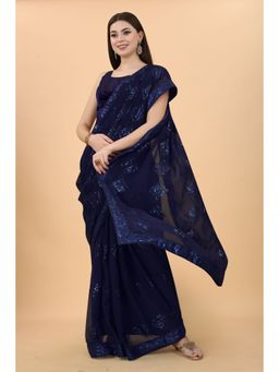 VAIRAGEE - Georgette Saree with All Over Trapezoid Sequins Work Navy Blue with Unstitched Blouse