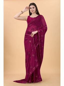 VAIRAGEE - Georgette Saree with All Over Trapezoid Sequins Work Magenta with Unstitched Blouse