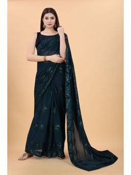 VAIRAGEE - Georgette Saree with All Over Trapezoid Sequins Work Teal with Unstitched Blouse