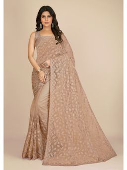 VAIRAGEE - Soft Net Floral Embroidered Saree Cream with Unstitched Blouse