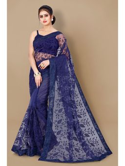 VAIRAGEE - Soft Net Floral Embroidered Saree Navy Blue with Unstitched Blouse