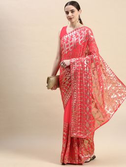 VAIRAGEE - Pink Soft Georgette Sequence Embroidery Saree with Unstitched Blouse