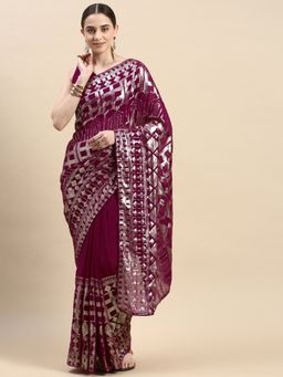 VAIRAGEE - Purple Soft Georgette Sequence Embroidery Saree with Unstitched Blouse