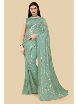 VAIRAGEE - Soft Georgette Sequence Embroidery Saree Turquoise with Unstitched Blouse