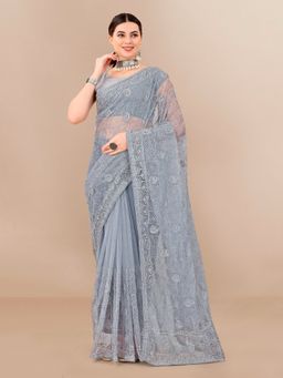 VAIRAGEE - Soft Net Embroidery & Banglory Saree Grey with Unstitched Blouse