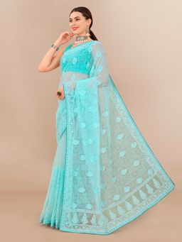 VAIRAGEE - Soft Net Embroidery & Banglory Saree Aqua with Unstitched Blouse