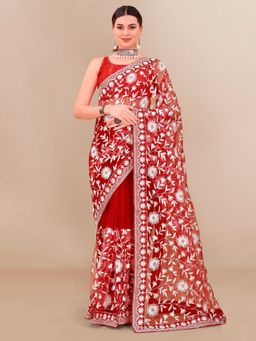 VAIRAGEE - Soft Net Embroidery & Banglory Saree Red with Unstitched Blouse