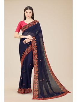 VAIRAGEE - Georgette Hevay Embroidered Border Saree Navy Blue with Unstitched Blouse
