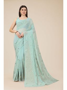 VAIRAGEE - Soft Georgette Sequence Embroidery Saree Turquoise with Unstitched Blouse
